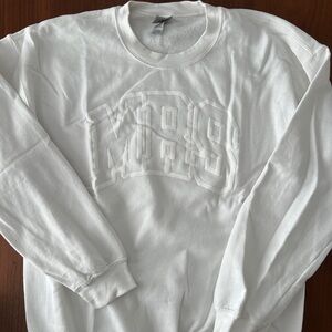 White “MRS” varsity pullover sweatshirt for bride-to-be, bachelorette, honeymoon
